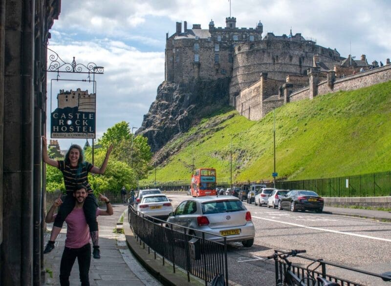 Castle Rock Hostel Front with Edinburgh Castle behind, Edinburgh Fringe, Edinburgh Castle