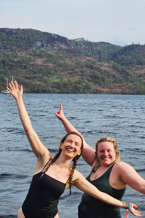women smiling, cold water swimming, scotland lochs, scottish loch, swimming scotland, cold plunge, loch ness